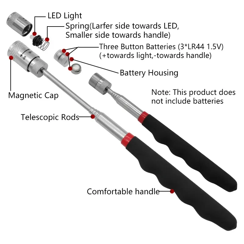 Fishing Rod Telescopic - LEDライト付き伸縮式磁気ペン拡張可能なピックアップロッドミニポータブルマグネットツールネジナットボルト金属部品用